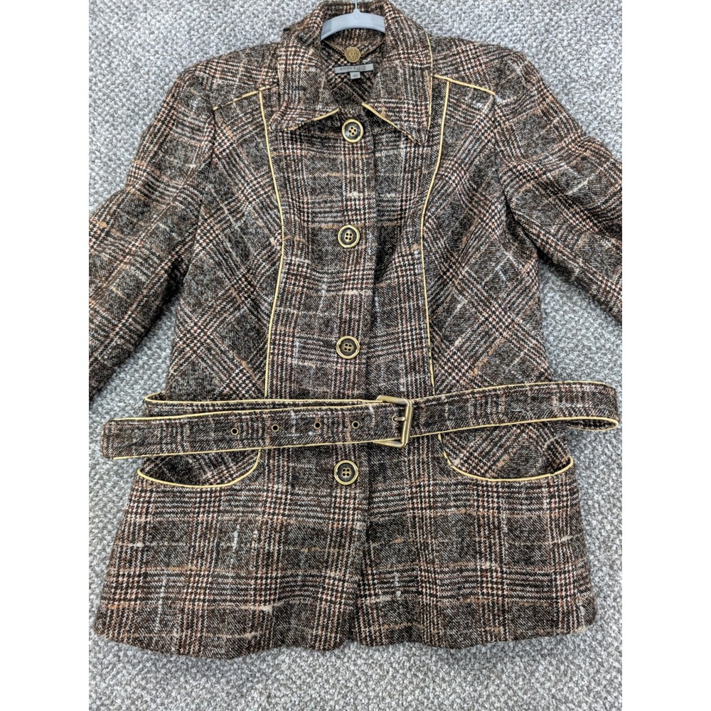 Anne Klein New York Plaid Wool Mohair Blend Belted Jacket Brown Tan Size 12
